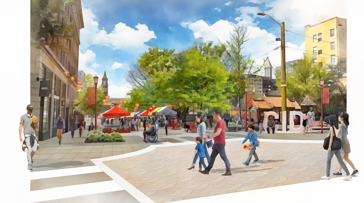 Drawing showing a festival street on S King St adjacent to Hing Hay Park. The drawing shows a row of pop-up canopies with vendors, string lights, and people enjoying the street fair.